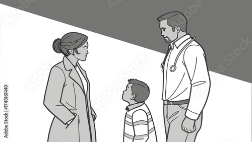 Doctor consulting with parents and child healthcare illustration monochrome medical advice graphic.