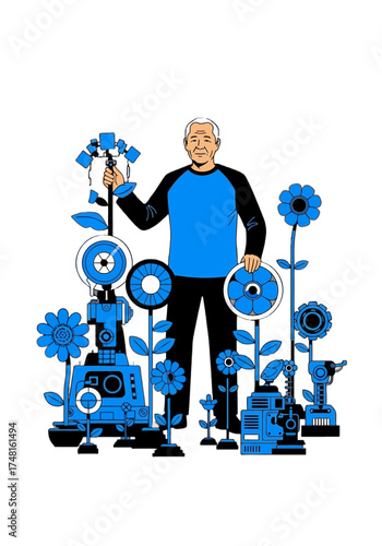 Senior Man Surrounded by Mechanical Flowers and Robots