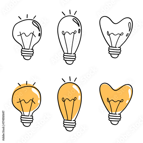 Seamless Pattern with Doodle Line Art Light Bulbs. Hand Drawn Yellow and Black Electric Lamps on Simple Background.