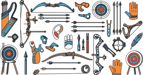 Archery equipment and accessories for sports and recreation, including bows, arrows, targets, and protective gear for target practice and hunting