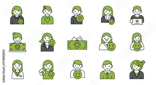 Collection of green icons representing people with smiley faces, money, and sad faces, isolated on transparent background