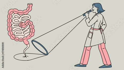 Medical Illustration Doctor Examining Intestine with Magnifying Glass.