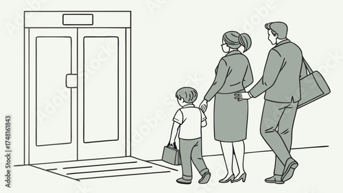 Family entering building business people child briefcase office illustration.