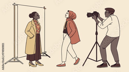 Fashion photoshoot models posing photographer taking pictures studio backdrop diverse models stylish clothing photography session professional photography camera equipment behind the sce.