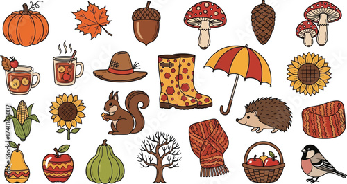 Cozy Autumn Harvest Icons Pumpkin, Acorn, Mushroom, Squirrel, and More Seasonal Elements