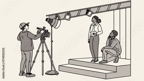 Film Production Crew Filming Interview with Lighting and Camera on Set.