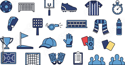 A flat line design collection of essential soccer and football sport icons, showcasing game equipment, referee tools, and championship symbols