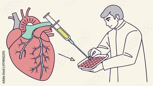 Medical illustration of heart procedure stem cell therapy regenerative medicine injection healthcare treatment research science technology biology anatomy organ cardiology vascular s.