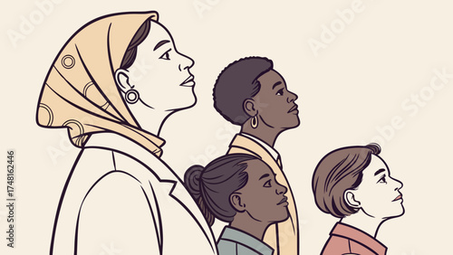 Four Diverse Women in Profile Looking Upward Vector Illustration.