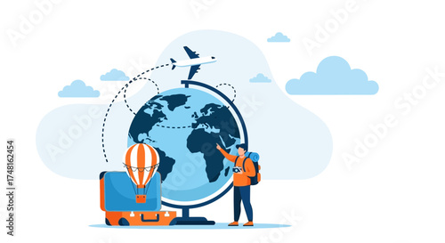 Conceptual illustration of global travel adventures and worldwide exploration planning trip