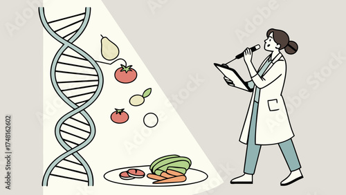 Genetic Modification of Food Scientist Studying DNA and Produce Biotechnology Illustration.
