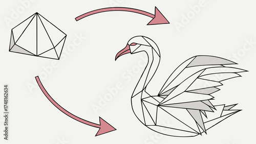 Geometric Swan Transformation Low Poly Bird and Crystal Design Illustration.