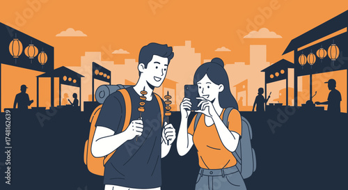 Couple enjoying street food tour, capturing moments in a vibrant Asian market illustration