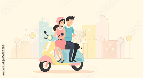 Couple exploring city on scooter with a map a joyful ride together adventure