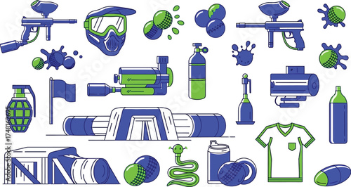 Paintball icons set vector illustration of equipment, gear, and accessories for game play