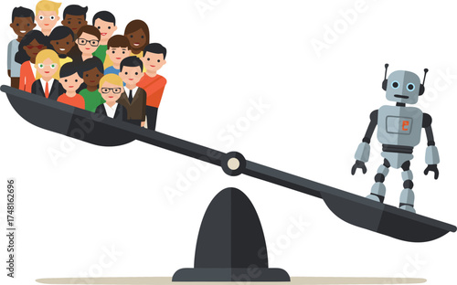 The concept of technology's superiority over human labor. A single robot on a scale outweighs a crowd of people, symbolizing layoffs, automation, AI efficiency, and job cuts.