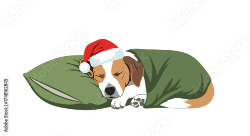 A cute dog wearing a Santa hat and wrapped in a blanket sleeping peacefully on a green pillow.
