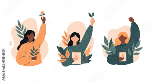 Diverse women holding plants and small flowers symbolizing growth and nature.