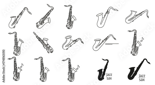 A collection of detailed line drawings and silhouette illustrations of various saxophone models, showcasing different angles and styles of the musical instrument.
