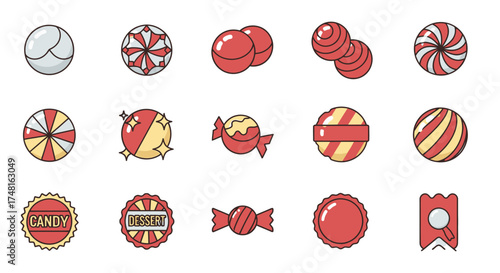 A collection of colorful, stylized icons representing various candies and sweet treats, including lollipops, hard candies, and wrapped confections, presented on a white background.