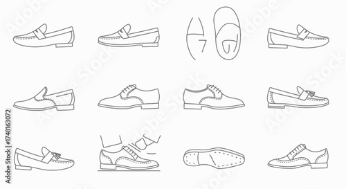 Collection of line art illustrations showcasing various styles of men's loafers, including detailed views and a demonstration of how to wear them.