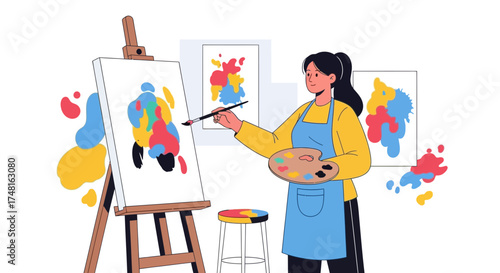 Creative Expression: Young Woman Painting Abstract Art in Studio with Easel  Artistic
