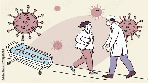 Medical Professionals in Protective Gear Walking in Hospital Corridor with Virus Illustration.