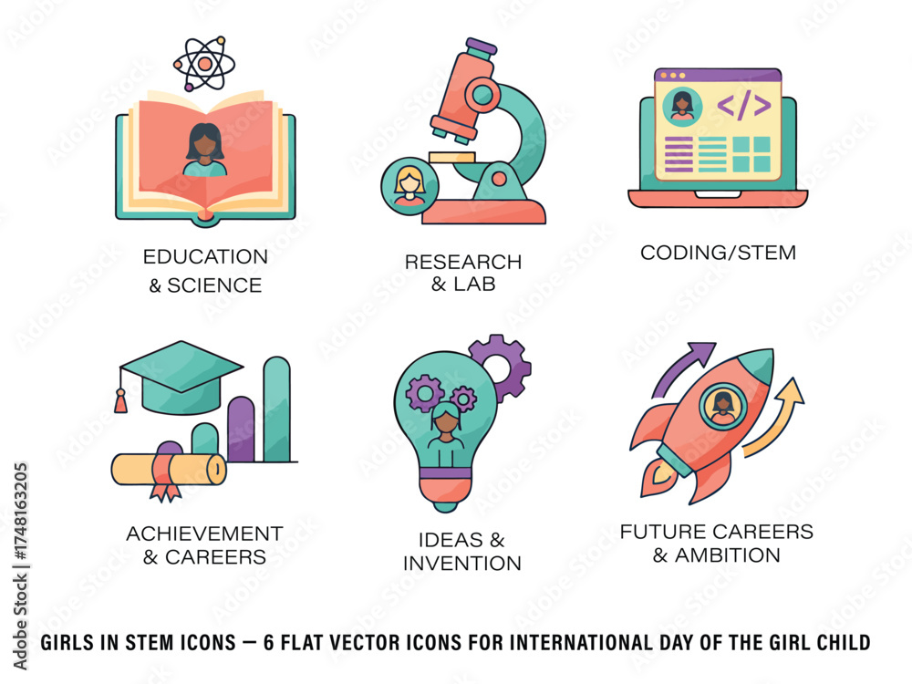 Fototapeta premium Girls in STEM Icons — 6 Flat Vector Icons for International Day of the Girl Child