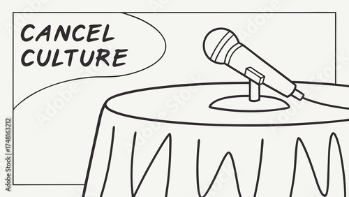 Microphone on table with cancel culture speech bubble illustration black and white line art vector graphic design.