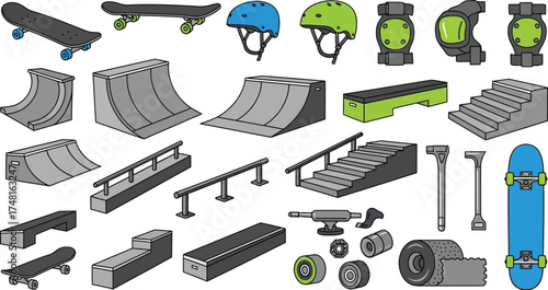 Skateboarding Elements Collection Ramps, Rails, Protective Gear, and Skateboards for Design