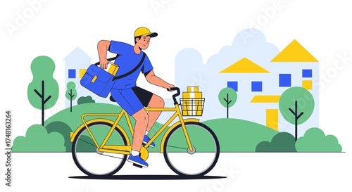 Delivery courier riding bicycle illustration, delivering packages through the city landscape