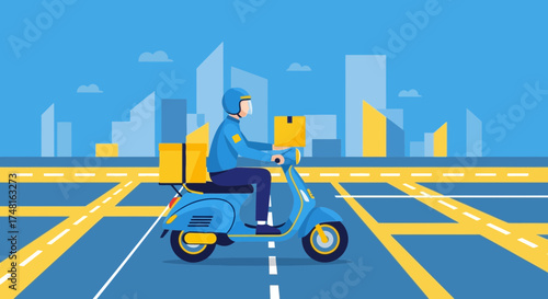 Delivery driver on scooter delivering packages in a city street illustration