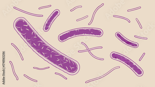 Microscopic Bacteria Illustration Rod-Shaped Microbes Medical Science Background Healthcare Graphic Design Purple Microorganism Artwork.