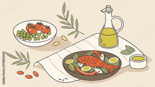 Healthy Mediterranean Diet Food Illustration Baked Fish with Vegetables and Olive Oil.
