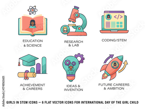 Girls in STEM Icons — 6 Flat Vector Icons for International Day of the Girl Child