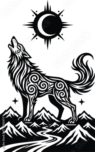 A black vector illustration of a lion and wolf with tattoo inspired animal silhouettes for design