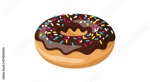 A delicious chocolate frosted doughnut with colorful sprinkles is a delightful treat.