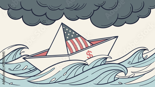 Paper boat with flag in stormy sea financial crisis concept illustration.
