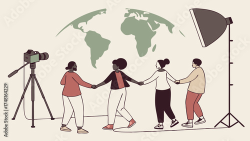 Photo shoot of diverse group of people holding hands global unity concept illustration studio photography.