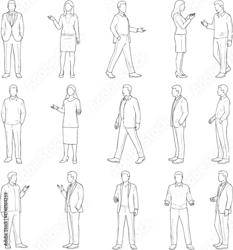 Isolated a kinds of deferent CAD Drawing. Vector illustration of men, women, standing walking talking in front back and side view. Symbol for architecture and landscape design drawing. vector art .