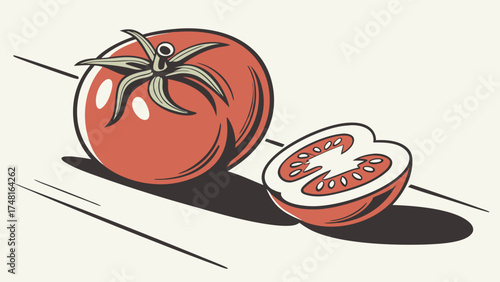 Illustration of a whole tomato and a tomato slice on a surface.