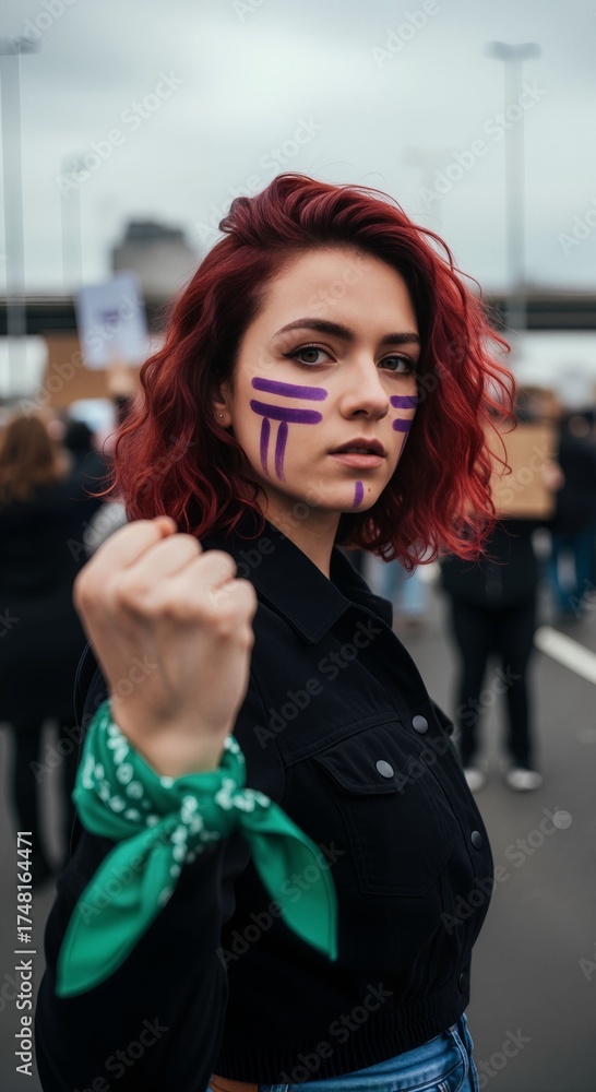 Fototapeta premium A young woman activist with face paint raises her fist at a protest. People marching together during a public demonstration. Social movement and freedom concept