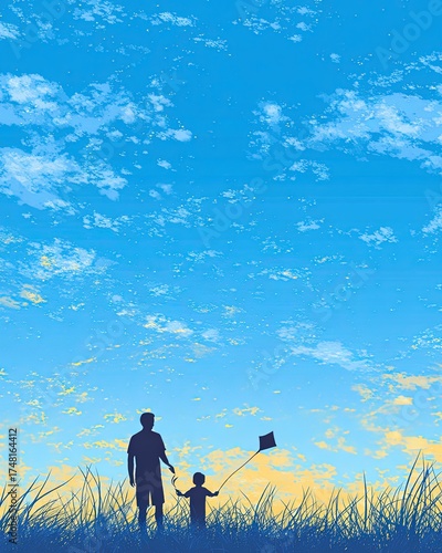 Silhouette of father and child flying a kite in a field against a sky Grass