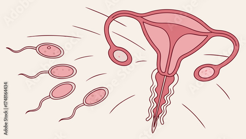 Illustration of female reproductive system and sperm cells.