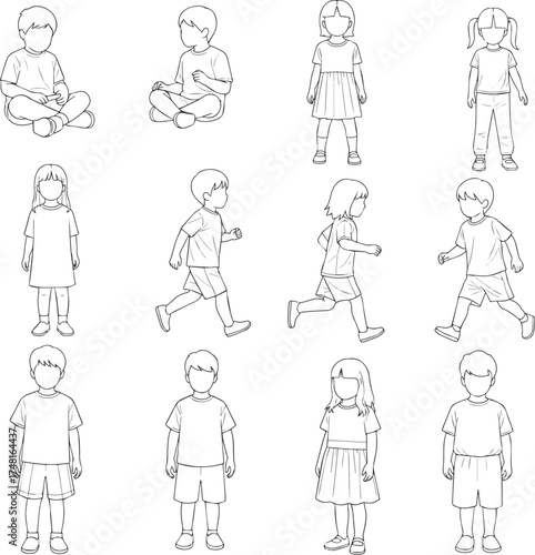 Isolated a kinds of deferent CAD Drawings. Set kids outlines Sitting, walking, etc. vector art with white background..