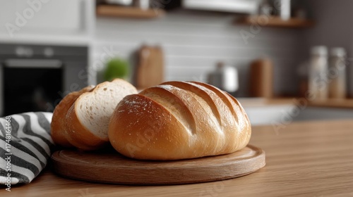 Freshly baked loaf of bread on a wooden cutting board in a kitchen. the bread is golden brown in color and has a criss-cross pattern on the top.