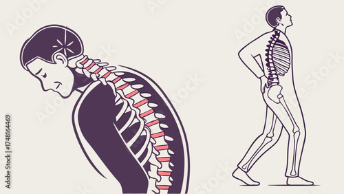 Illustration of human spine posture back pain spinal column anatomy healthcare medical wellness diagram skeletal system body health wellness wellbeing physiotherapy chiropractic o.