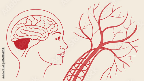 Illustration of the human brain and circulatory system medical diagram healthcare anatomy blood vessels arteries veins capillaries neurology neuroscience health medicine science educ.