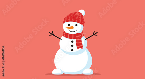 A festive winter snowman wearing a red hat and scarf on a plain background.