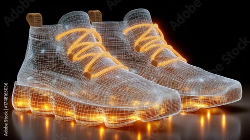 Modern footwear innovation with futuristic LED shoes and a complex wireframe design.